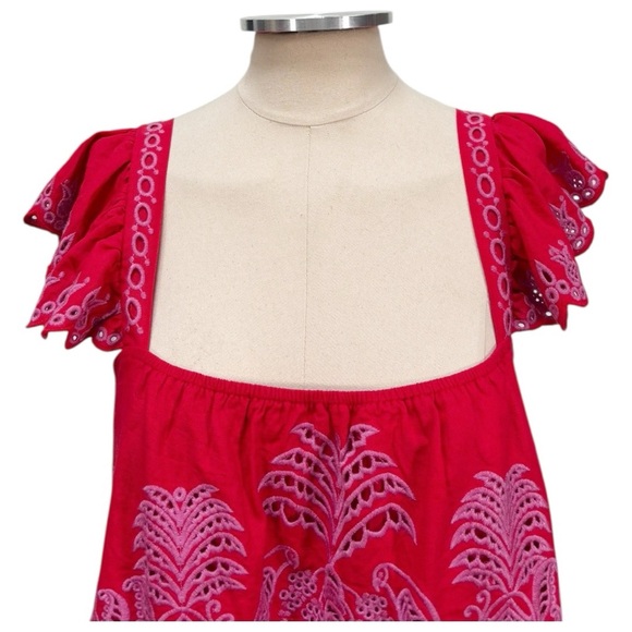 Farm Rio Palm Tree Richelieu Flutter-Sleeve Eyelet Embroidered Top Size Small - Picture 6 of 11